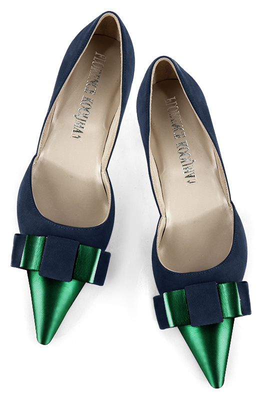 Emerald green and navy blue women's open arch dress pumps. Pointed toe. Medium slim heel. Top view - Florence KOOIJMAN